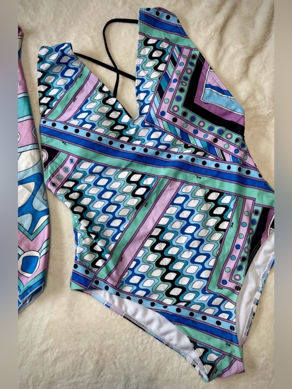Emilio Pucci Vivara Swimsuit One Piece Low Back Plunge Blue Italian XL Med Large